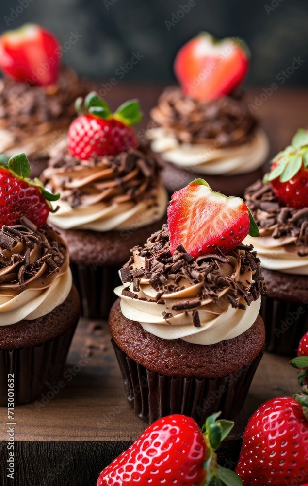 multiple cupcakes and strawberries sitting on top of strawberries