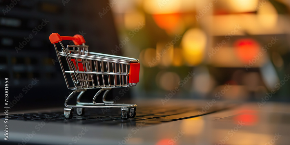 Online shopping concept with miniature shopping