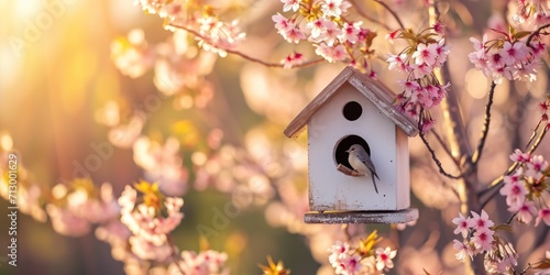 Stampa su tela spring birdhouse with spring cherry blossom background