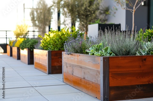 wood raised garden planters are shown in the background