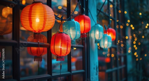 large paper lanterns from hanged on lampshades in a window