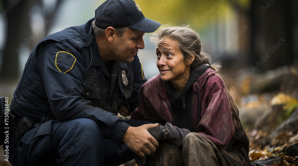 Police. an officer helps an injured woman - obrazy, fototapety, plakaty 