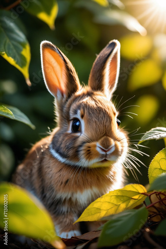 Close-up portrait of a cute baby rabbit behind the leaves, looking at camera, cinematic light, selective focus, golden backlight © Giuseppe Cammino