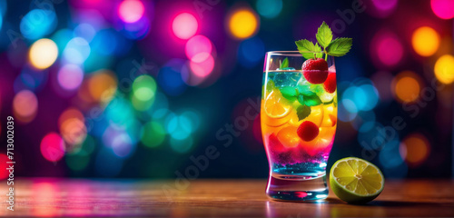 a glass of mocktail. colorful sparkling bokeh background