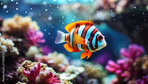 Colourful tropical sea fish swimming over coral reef