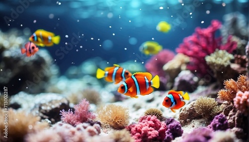 Colourful tropical sea fish swimming over coral reef