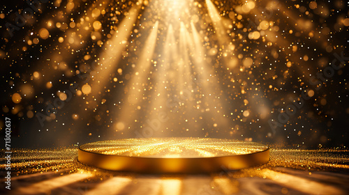 Podium with golden light lamps background