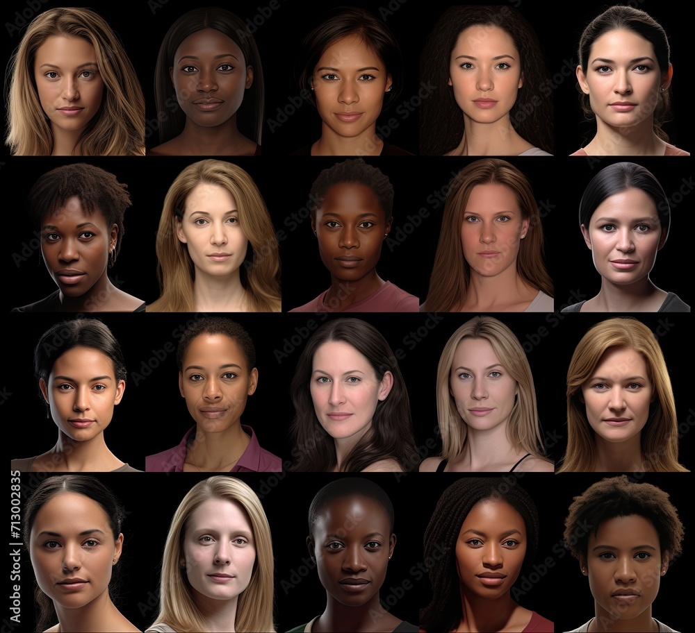 Model management. A series of portraits representing variety and richness of human race. Gene. Women of different skin color. Casting. Beauty of diversity. Collage of phenotypes, ethnicities. Genetics