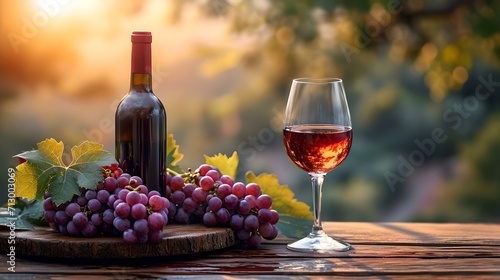 Inviting glass of wine with bottle and grapes on a rustic table at sunset. relaxing vineyard ambiance. serene outdoor setting unveiling the essence of leisure. AI