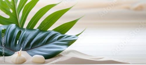 Minimalistic zen pattern in white sand with palm leaves for spa background and relaxation concept