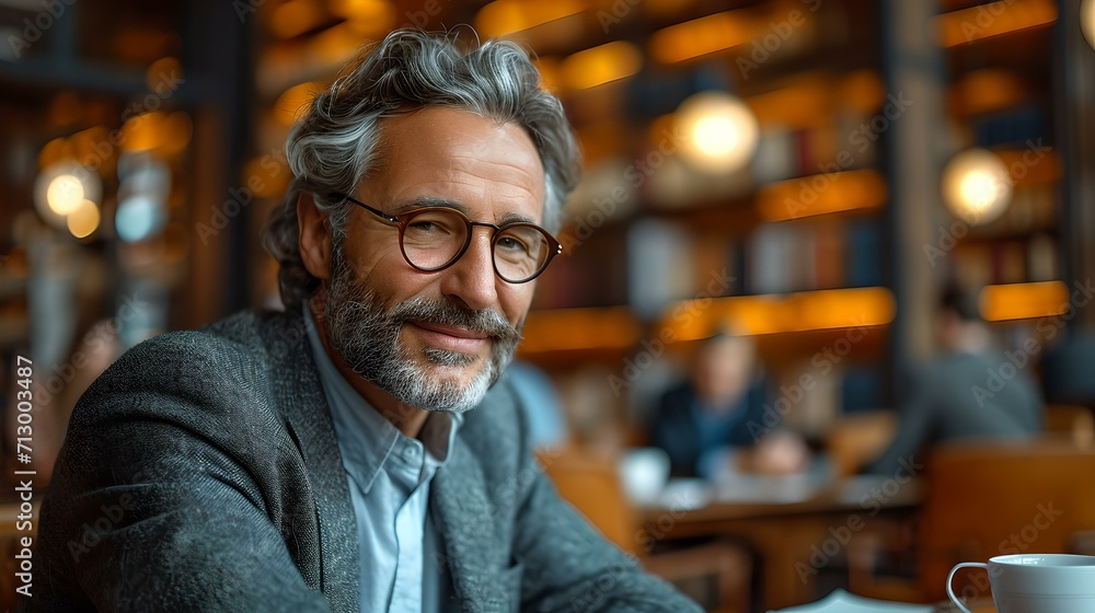 Mature businessman enjoying a coffee break in a cozy cafe. portrait of an elegant man wearing glasses. AI