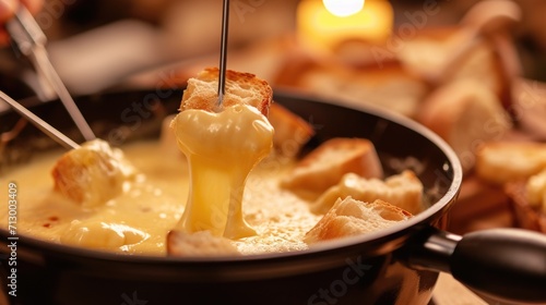hot cheese fondue served with toasted baguette on forks for dipping close-up on a rustic table.