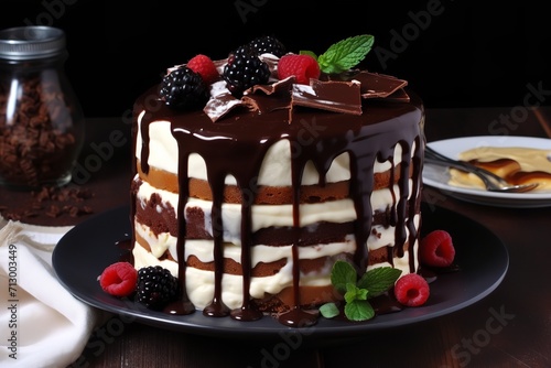 Indulgent Delight: Decadent Chocolate Cake with Creamy Layers and Rich Chocolate Drizzle, Chocolate Cake, Cream Layers, Rich Chocolate Drizzle, Indulgent Dessert, Sweet