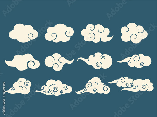 A set of illustrations of Japanese-style cloud silhouettes swirling in various shapes. Japanese cloud pictures Huge collection of clouds for design