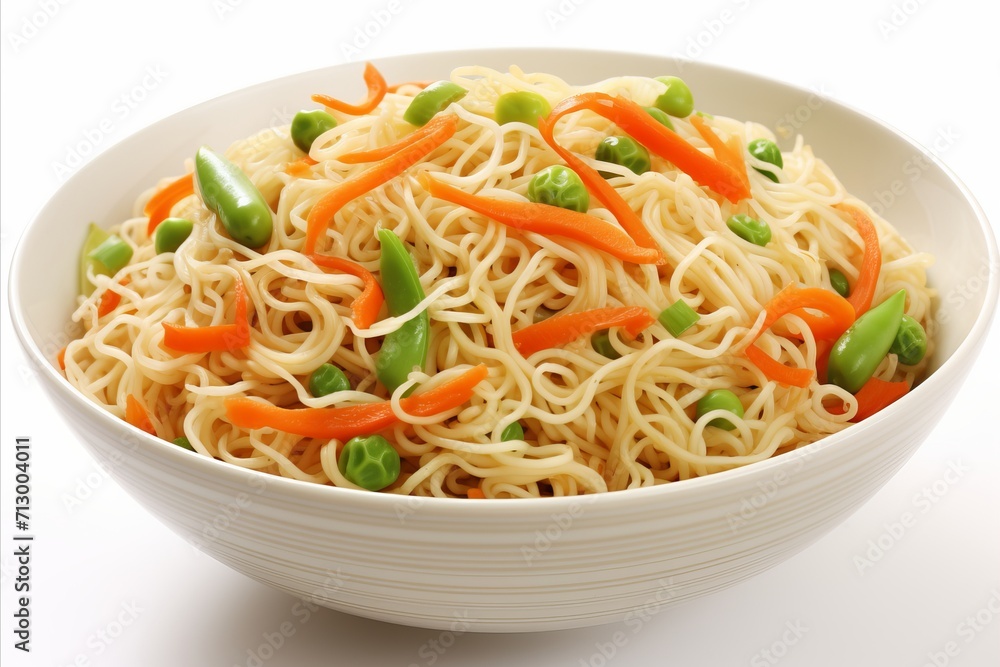 Delicious asian noodle soup with ramen in a bowl top view, isolated on white background Delicious asian noodle soup with ramen in a bowl top view, isolated on white background