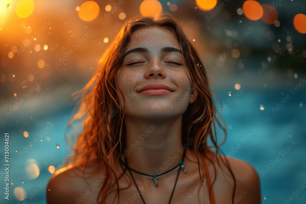 Serene Woman with Freckles Enjoying Water Droplets Serene Woman with Freckles Enjoying Water Droplets