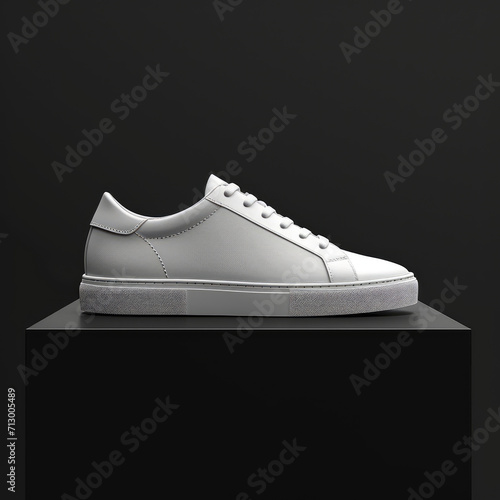 mock up white casual shoes on marble stone, black background, Ai generated image