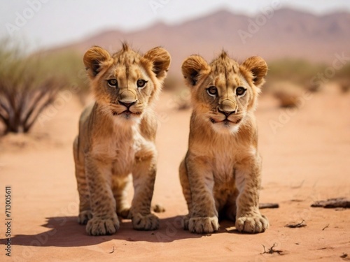 couple of baby lion in the desert