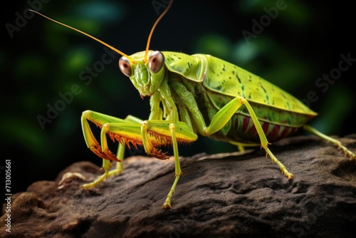 Portrait of an ordinary green mantis on a black background