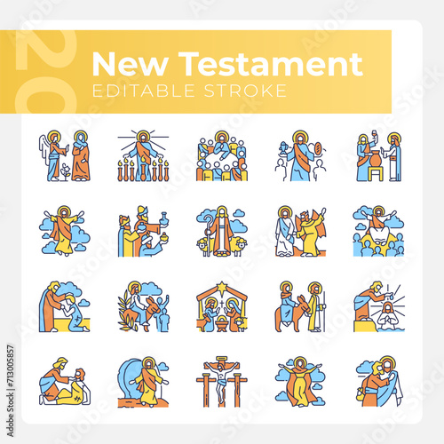 New testament RGB color icons set. Life of Jesus Christ. Creed christian religion. Faith in God. Holy bible. Isolated vector illustrations. Simple filled line drawings collection. Editable stroke