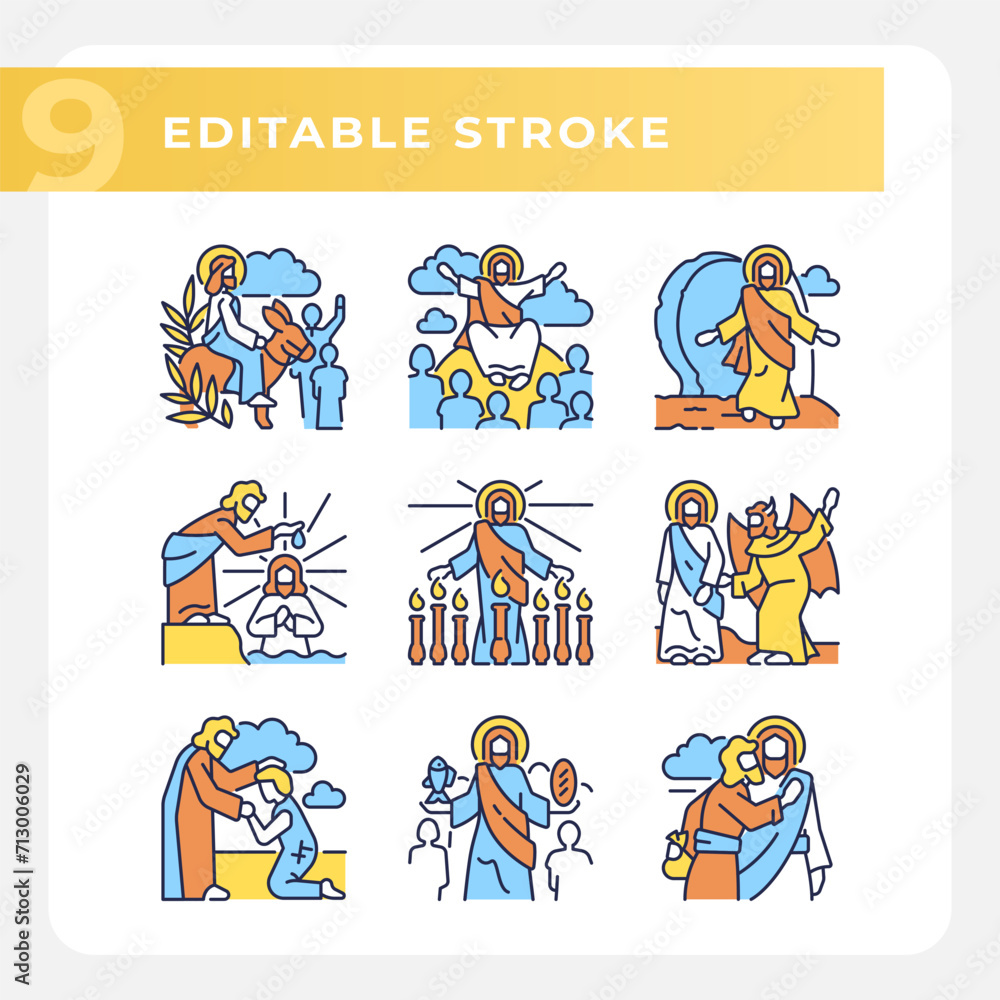 New testament scenes RGB color icons set. Life and ministry of Jesus Christ. Biblical scenes. Religious miracle. Isolated vector illustrations. Simple filled line drawings collection. Editable stroke New testament scenes RGB color icons set. Life and ministry of Jesus Christ. Biblical scenes. Religious miracle. Isolated vector illustrations. Simple filled line drawings collection. Editable stroke