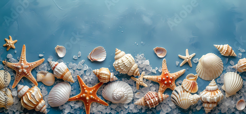 lots of sea shells and starfish on blue wooden background, in the style of spectacular backdrops, cottagepunk, cottagecore, with copyspace banner photo