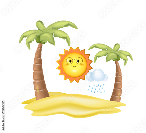 3d, coconut palm, summer tropical sandy island. Sunny day, beach,
 sea, sun. Vacation in the tropics, Vector, free space.