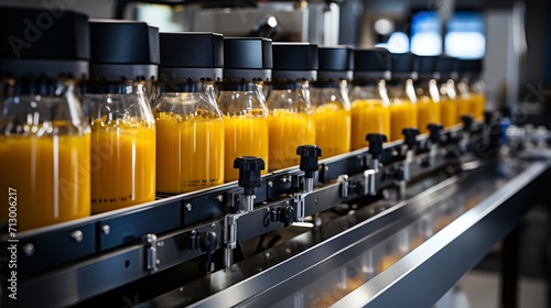 Juice bottles moving on belt conveyor in a contemporary beverage manufacturing plant