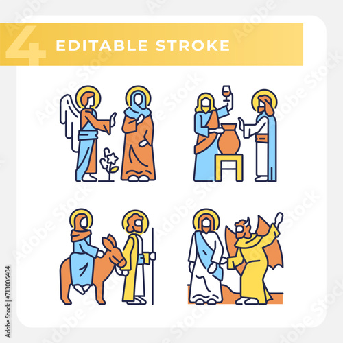 Holy figures RGB color icons set. Mary and Joseph. Life of Jesus Christ. Biblical scenes. New testament. Isolated vector illustrations. Simple filled line drawings collection. Editable stroke