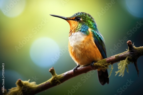 A hummingbird bird sitting on a branch in the jungle. The smallest bird in the world photo