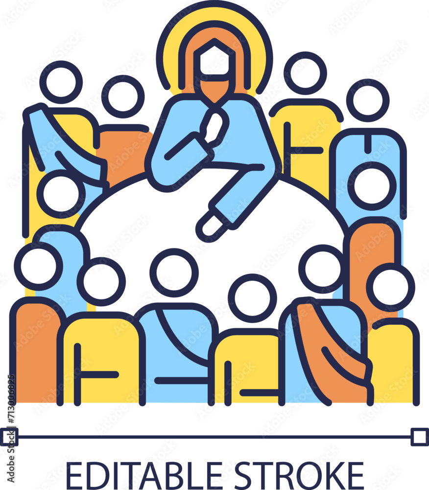 Last Supper RGB color icon. Jesus Christ and twelve apostles. Holy communion. New testament. Biblical scene. Isolated vector illustration. Simple filled line drawing. Editable stroke Last Supper RGB color icon. Jesus Christ and twelve apostles. Holy communion. New testament. Biblical scene. Isolated vector illustration. Simple filled line drawing. Editable stroke