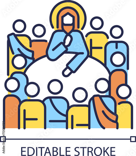 Last Supper RGB color icon. Jesus Christ and twelve apostles. Holy communion. New testament. Biblical scene. Isolated vector illustration. Simple filled line drawing. Editable stroke