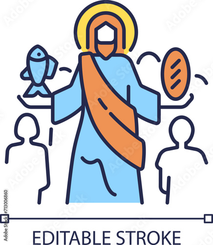 Feeding of five thousands RGB color icon. Jesus Christ feeds multitude. Miracle of Jesus. Biblical scene. New testament. Isolated vector illustration. Simple filled line drawing. Editable stroke