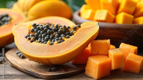 Immerse yourself in the tropical delight of juicy papaya pieces, each showcasing its vibrant color and distinctive seeds.