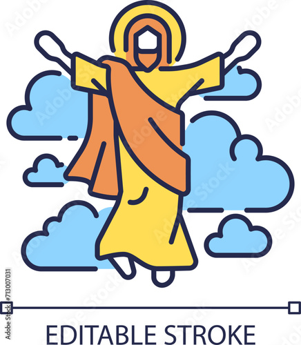 Ascension of Jesus RGB color icon. Jesus ascended to Heaven. Christian scripture. New testament. Religious miracle. Isolated vector illustration. Simple filled line drawing. Editable stroke