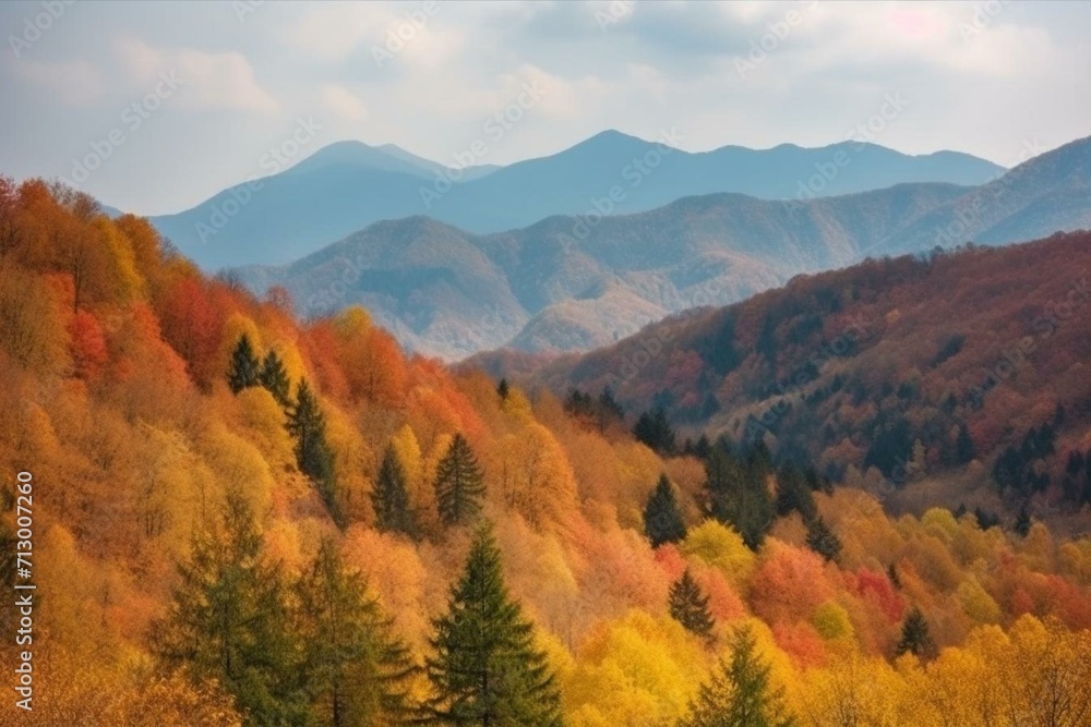 Colorful autumn mountains with forest backdrop. Generative AI
