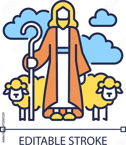 Shepherd RGB color icon. Man with flock of sheep. Good shepherd. Jesus Christ human representation. Biblical scene. Isolated vector illustration. Simple filled line drawing. Editable stroke