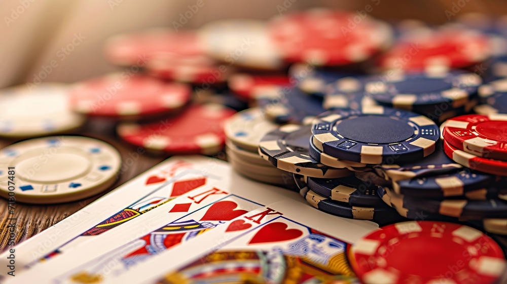 Casino chips and playing cards on table gambling concept with pile of chips and deck of cards Casino chips and playing cards on table gambling concept with pile of chips and deck of cards