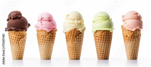 Assorted flavors of ice cream scoops on waffle cone   isolated on white background  png photo
