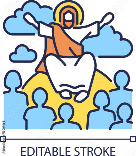 Sermon on mount RGB color icon. Jesus Christ and disciples. Moral teachings. New testament. Biblical scene. Isolated vector illustration. Simple filled line drawing. Editable stroke