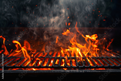 Grill Grate With Charcoal And Flame. Empty Fire Grid On Black Isolated Background.
