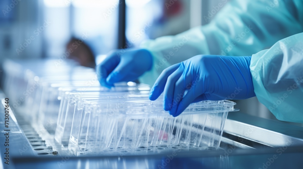 Expert technician in sanitary gloves conducting precise work in a cutting-edge medical, pharmaceutical, or scientific laboratory setting Expert technician in sanitary gloves conducting precise work in a cutting-edge medical, pharmaceutical, or scientific laboratory setting