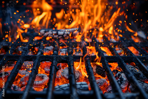 Closeup Of Grill With Fire And Charcoal. Hot empty barbecue BBQ grill with flaming fire and ember charcoal on black background close up photo