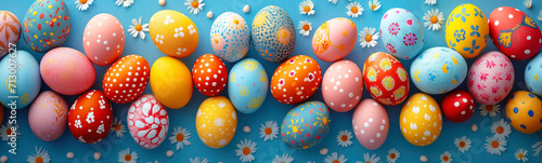 Colourful eggs lying on the blue surface. Easter concept. #713007627