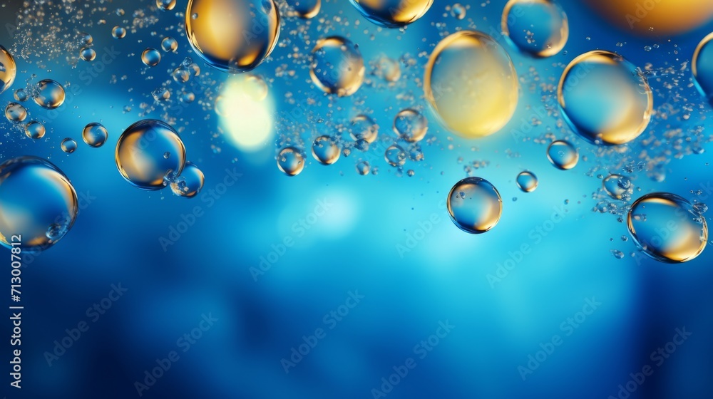 Vibrant underwater abstract: colorful blue and gold gradient background with air bubbles in water - mesmerizing oceanic scene