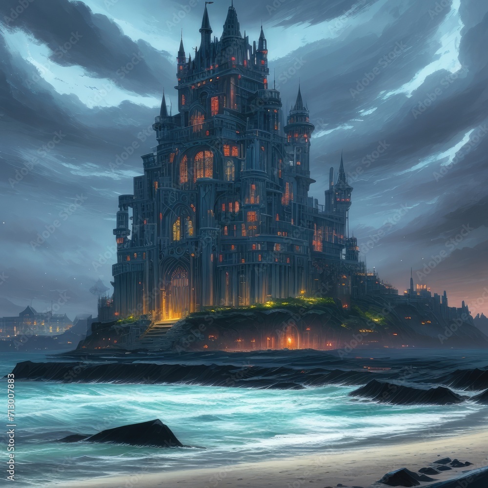 illustration of castle dark vibes near the beach