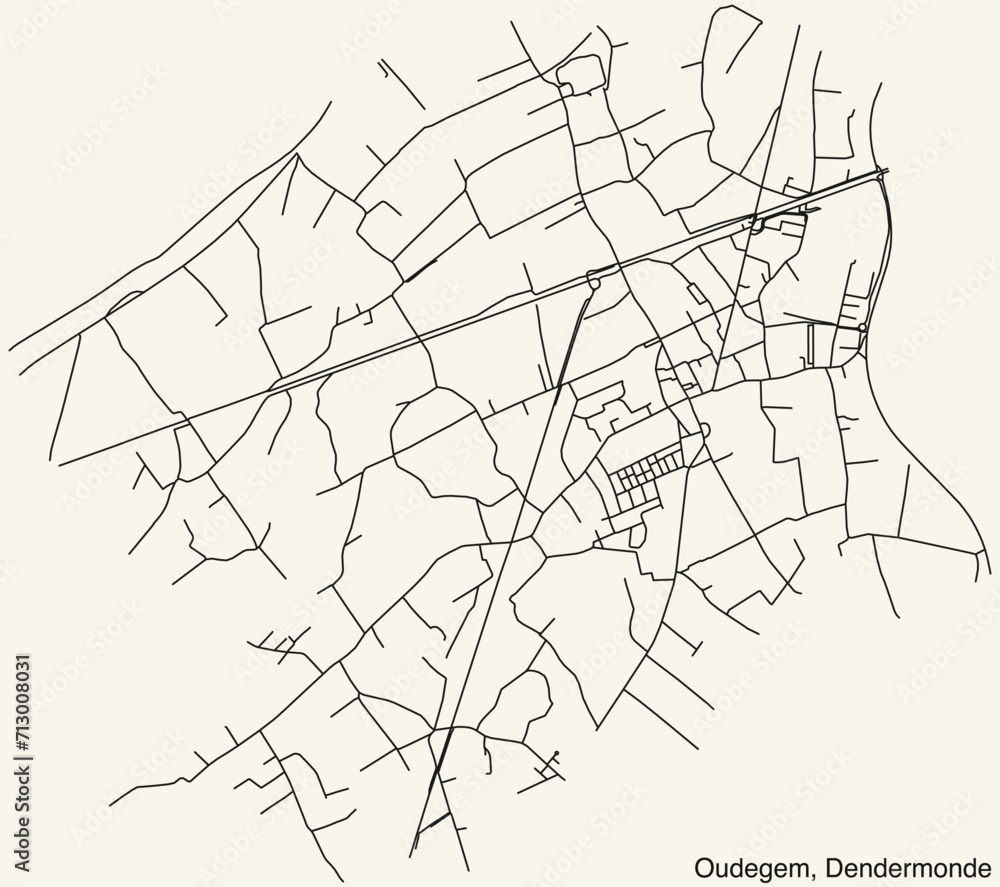 Detailed hand-drawn navigational urban street roads map of the OUDEGEM COMMUNITY of the Belgian municipality of DENDERMONDE, Belgium with vivid road lines and name tag on solid background