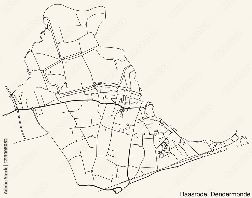 Detailed hand-drawn navigational urban street roads map of the BAASRODE COMMUNITY of the Belgian municipality of DENDERMONDE, Belgium with vivid road lines and name tag on solid background