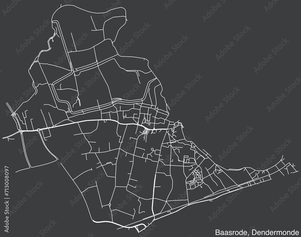 Detailed hand-drawn navigational urban street roads map of the BAASRODE COMMUNITY of the Belgian municipality of DENDERMONDE, Belgium with vivid road lines and name tag on solid background