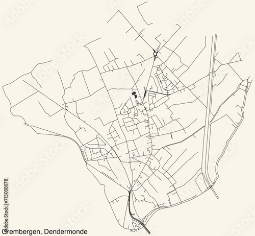 Detailed hand-drawn navigational urban street roads map of the GREMBERGEN COMMUNITY of the Belgian municipality of DENDERMONDE, Belgium with vivid road lines and name tag on solid background